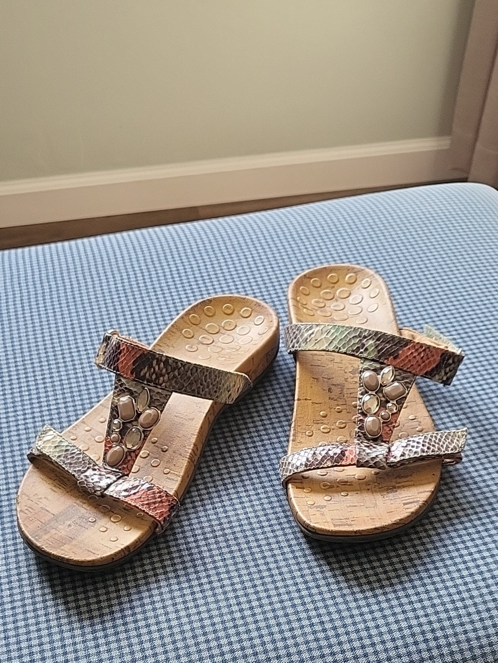 Women’s Vionic Multicolor Snake-Print Slide Sandals with Embellished T-Strap